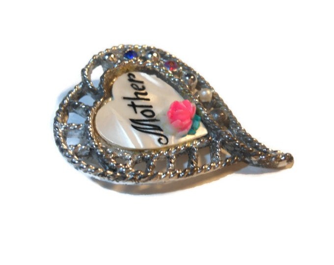 FREE SHIPPING Heart brooch, Mother of Pearl with Mother in enamel and pink rose, embellished with rhinestones and a seed pearl