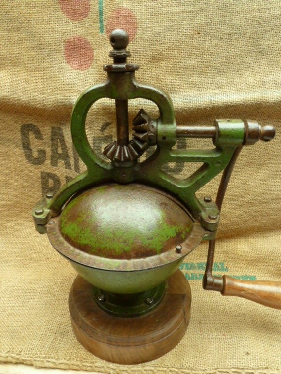 Antique French Coffee Grinder....RARE Green Lined with White
