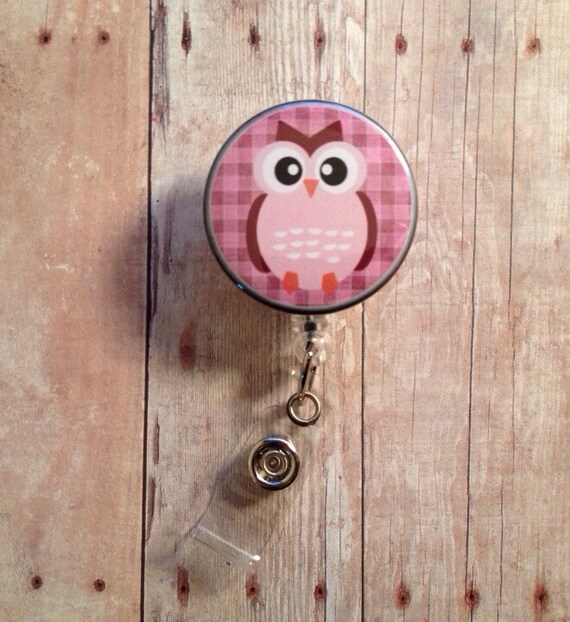Items similar to Pink Plaid Owl Badge Reel Retractable ID Holder