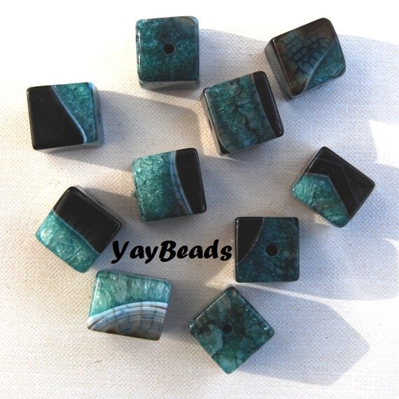 Aqua Green Black Cube Quartz Agate Dyed Focal Beads Qty 3