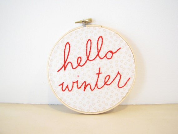 Embroidery Hoop Wall Art - Hello Winter - white cream snowflake holiday Christmas red season cozy cabin decor ski lover hand lettering