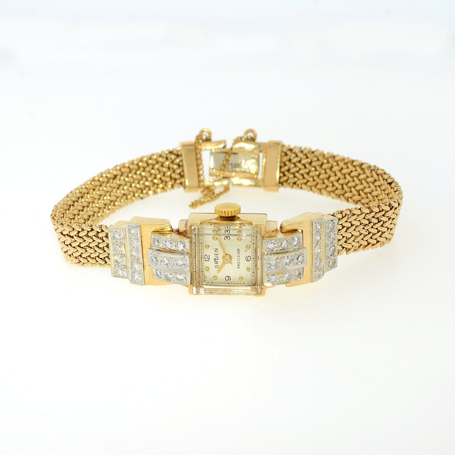 Vintage 1940's Diamond and 14K Yellow Gold Gruen Ladies