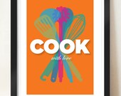 Kitchen Wall Art, Mid Century Modern, Inspirational Cooking Quote, Cook with Love, ORANGE, Gift for Cooks, Retro Kitchen Utensil Print