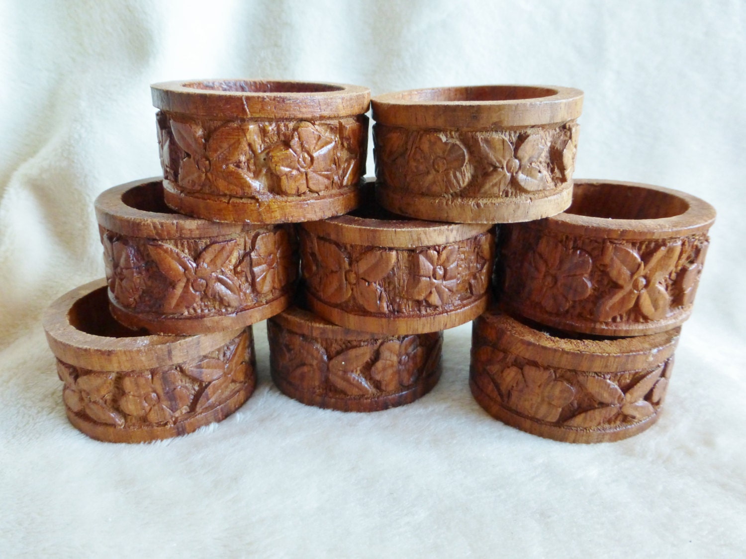 Vintage carved wood napkin holders made in India set of eight