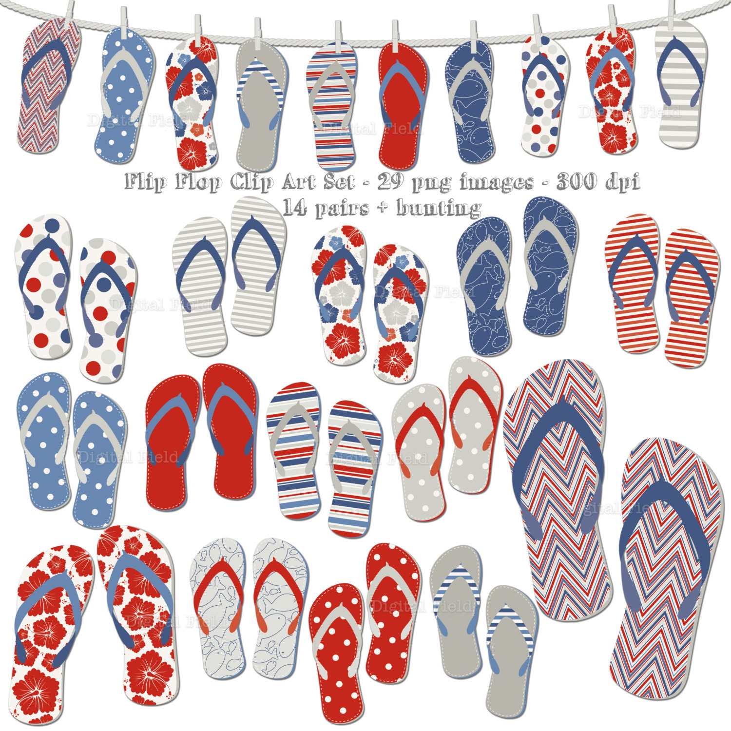 Flip Flop Clip Art Set - red blue grey summer printable digital clipart ...