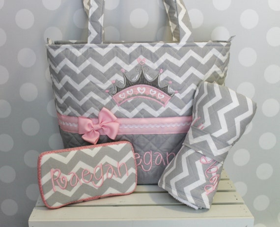 XL Quilted / Applique Chevron / Zig Zag Diaper Bag Set