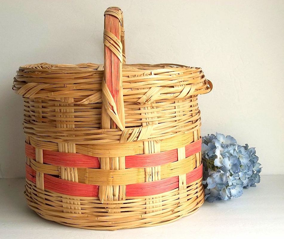 RESERVED Vintage Large Oval Woven Basket / Lid & Handle hand