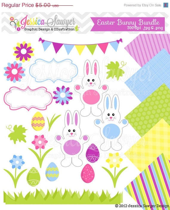 50% OFF - INSTANT DOWNLOAD - easter clipart and digital paper pack - easter bunny clip art - printable pattered backgrounds - easter eggs Il_570xn