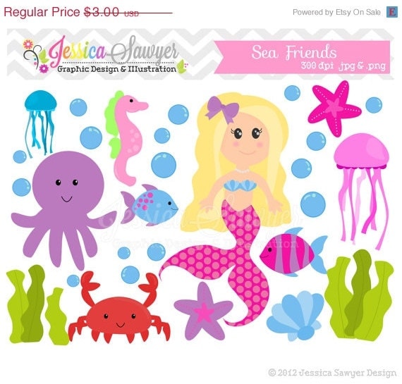 50% OFF - INSTANT DOWNLOAD, Ocean clip art - sea clip art - mermaid clipart - - commercial use - card making - digital element Il_570xn