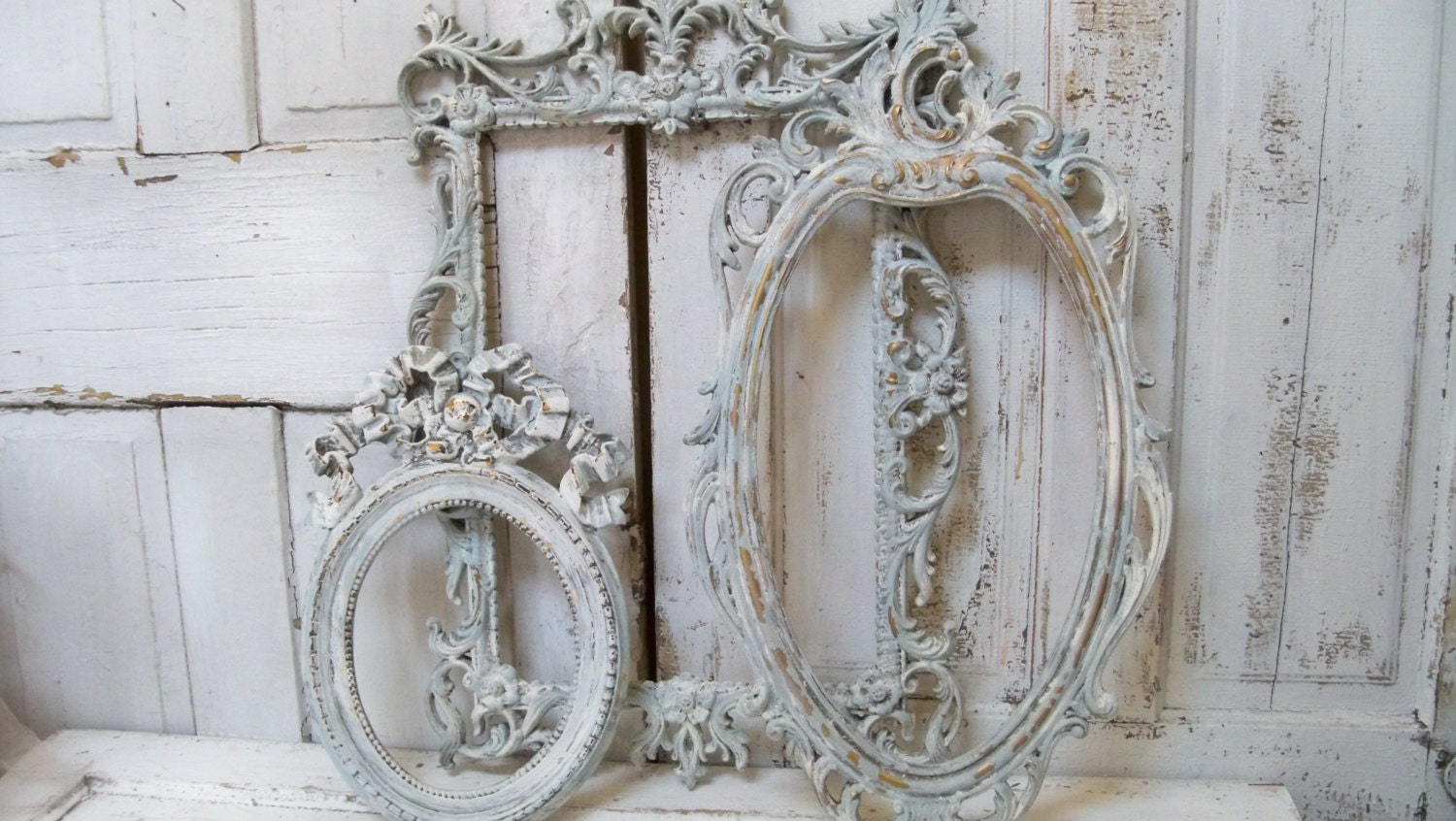 Shabby chic soft blue frame grouping set distressed with white