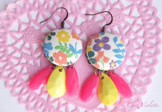 Multicolored flowers earrings vintage fabric earring dangle yellow pink beads summer jewelry