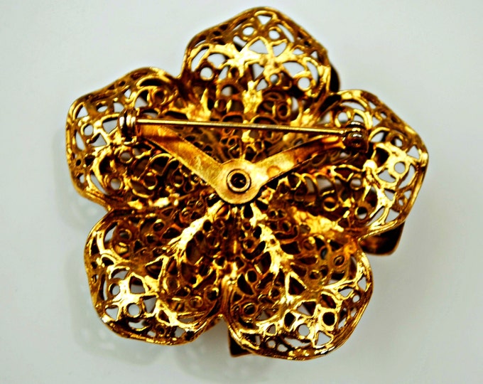 Rhinestone Flower Brooch - Amber Orange Crystal - Gold Filigree - Floral pin