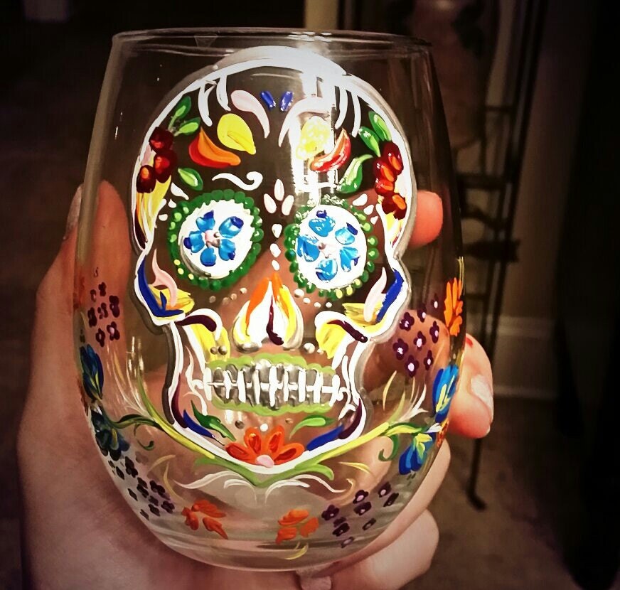 Sugar Skull Wine Glass by KatiebonesX on Etsy