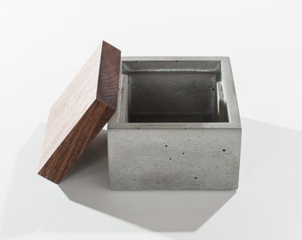 Small Grey Concrete Box with solid Dark American Walnut wood lid / Minimalist Home Decor/Jewelry Box