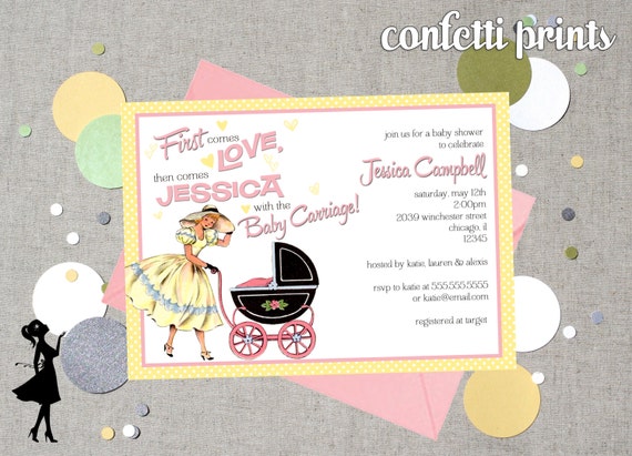 Retro Baby Shower Invitation - FIRST COMES LOVE Printable Il_570xn