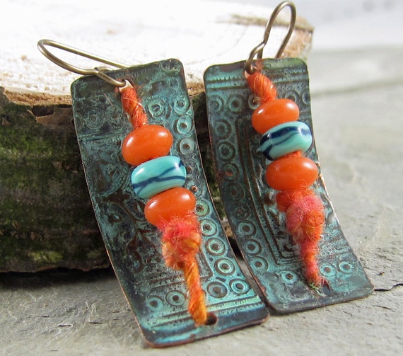 orange and turquoise earrings handmade by Linda Landig