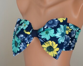 PADDED...Navy blue floral bow bandeau bikini top-Swimwear-Swimsuit-Bathing suit-Plus size-Birthday gift-Festival Top-XS-S-M-L-XL !!!!!!!