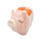 Vintage Pink Piggy Bank - Eyelashes and Red Bow 1950s