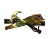 Great American Buckle Company Brass Carpenters Belt Buckle Saw Level Hammer 1981