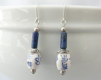 Ceramic earrings, Blue earrings, White earrings, Silver earrings, Blue dangle earrings, Lapis earrings, Antiqued earrings, Long earrings.