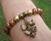 Gold Leaf Chandelier Bracelet with Brass Beads, Gold Czech Glass and White Opaque Bronze Glass, For Her