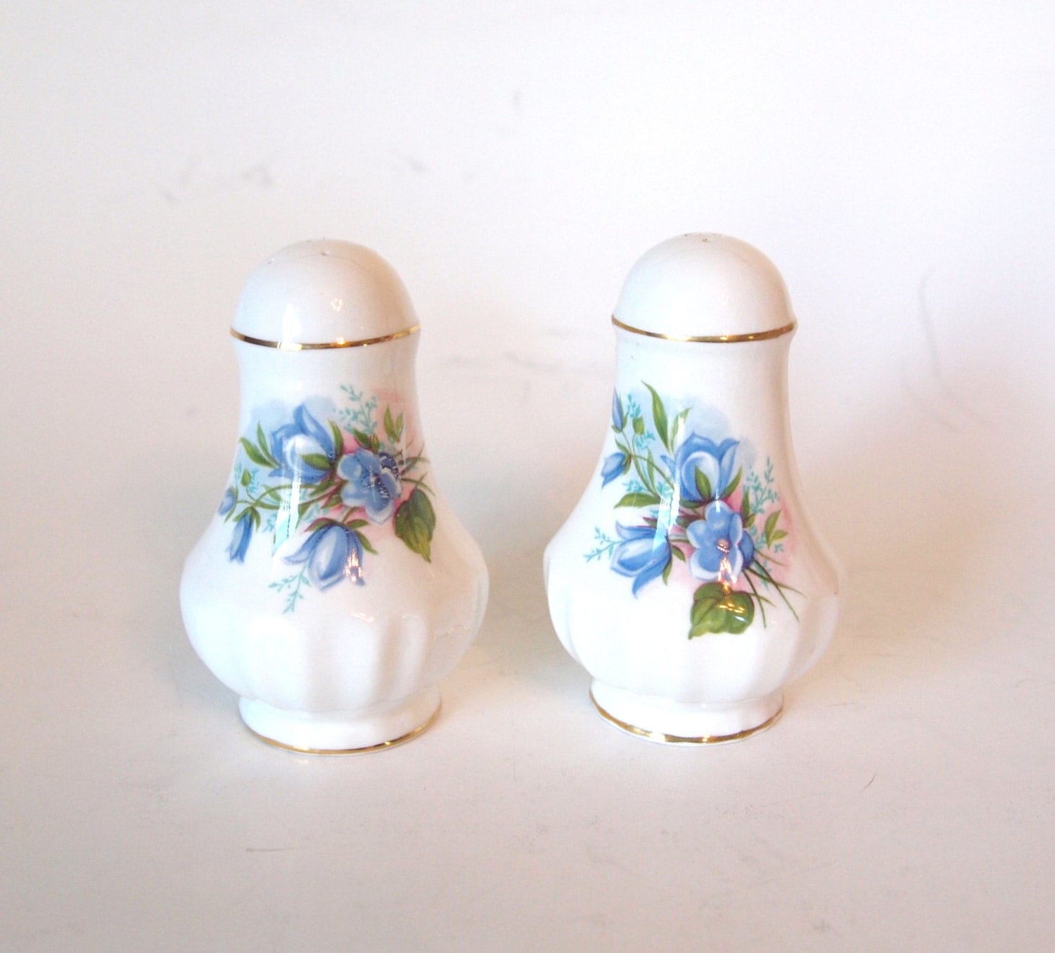 Vintage Salt and Pepper Shakers Fine Bone China Blue Floral with Gold