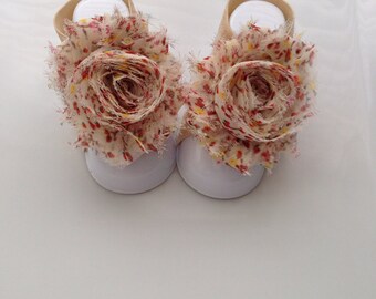 Adorable Floral Print Shabby Chic Chiffon Baby Barefoot Sandals. Newborn Baby Girl Barefoot Sandals, Baby Girl Barefoot Sandals