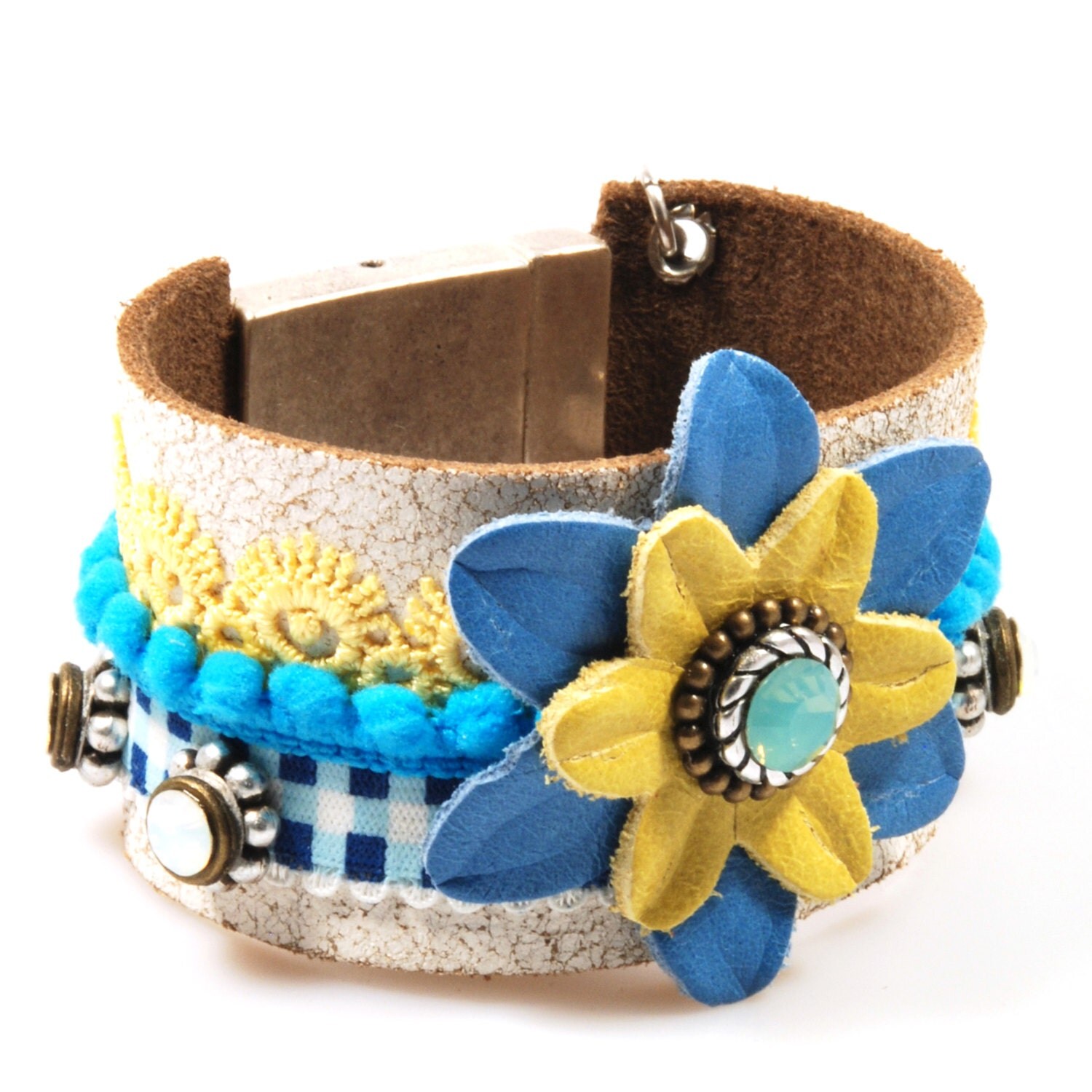Leather cuff blue yellow wide bracelet with leather flower