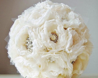 Bridal Brooch Bouquet, Wedding Bouquet, Fabric Flower Bouquet, Handmade Bridal Bouquet, Vintage Wedding - this is a 50% DEPOSIT ONLY