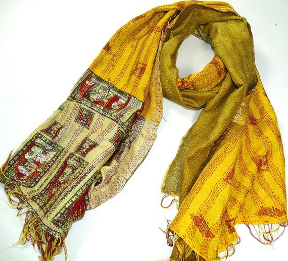 Items similar to One of a kind reversible Vintage Kantha silk scarf ...