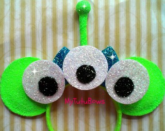 TOY STORY ALIEN Inspired Minnie Mouse Ears Headband Green Glitter Sparkle Bow Fits Adults and Children