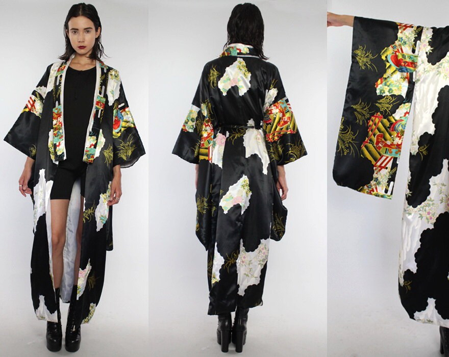 Black Satin Asian Japanese Kimono Floor Length Duster Coat OS
