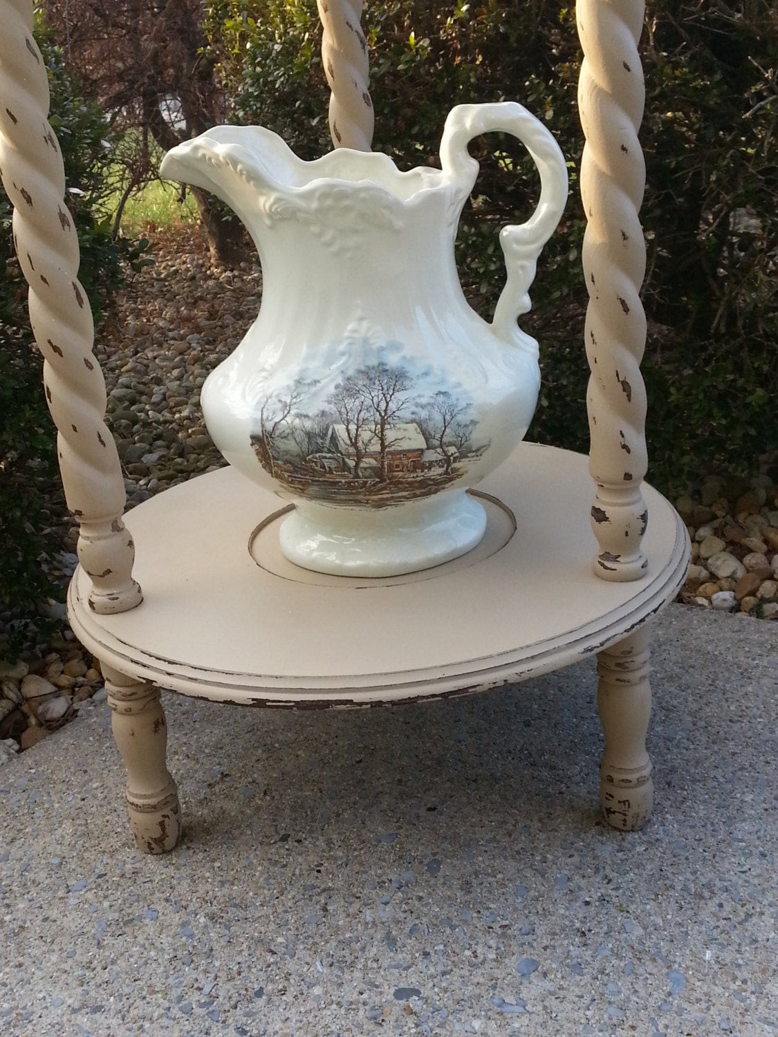 Vintage Wash Stand Mirror Bowl And Pitcher Chalk Painted