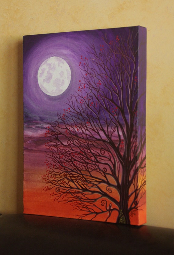 Items similar to ORIGINAL Painting - Purple Fairy Tree Moon Art - 10 x