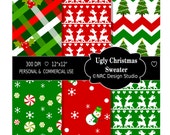 SALE - Christmas Paper Pack - Ugly Christmas Sweaters Printable Digital Papers - Commercial Use Christmas Printable Papers Il_170x135