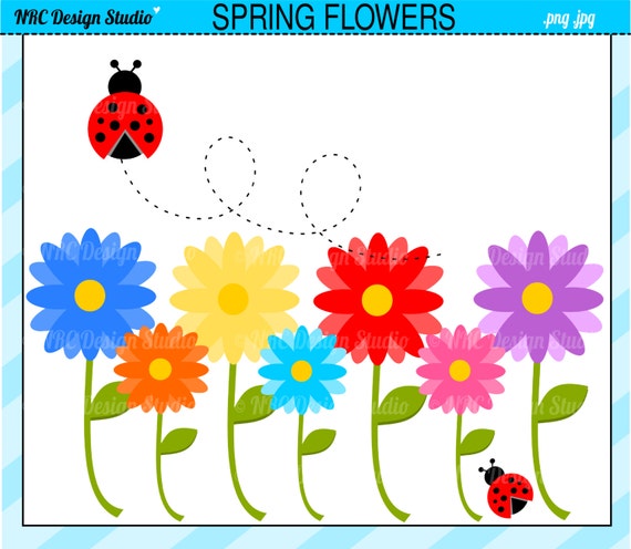 Garden Clip Art - Spring Flowers Clip Art - Digital Flowers Ladybug Clipart - Cute, Bugs, Daisy Il_570xn