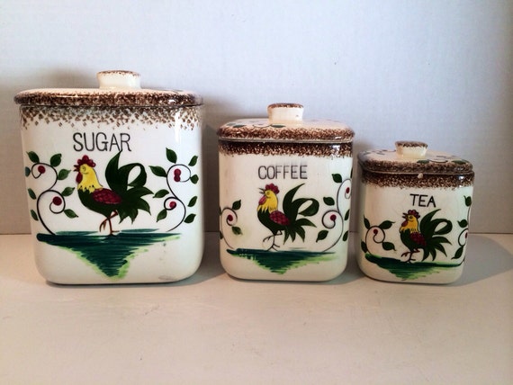 rooster 3 pc canister set shabby chic farmhouse cottage 1940s rooster 3 pc canister set shabby chic farmhouse cottage 1940s