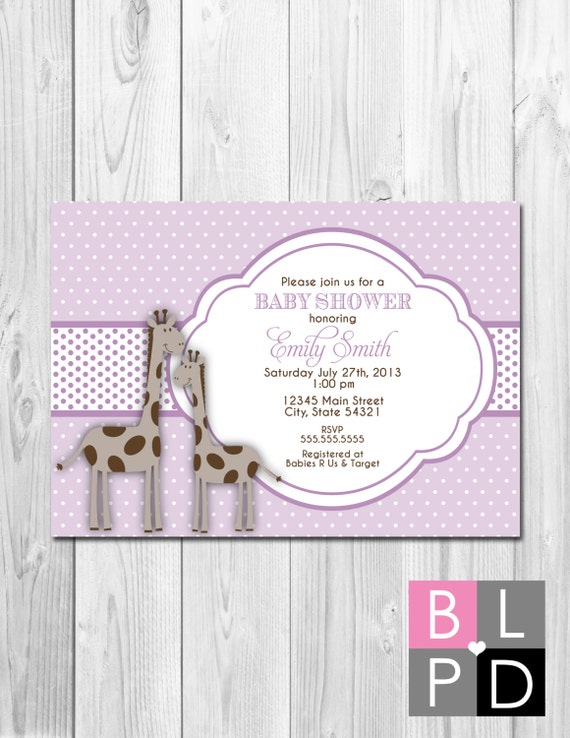 Little Giraffe Baby Shower Invitation - Brown and Purple - Polka Dots - DIY - Printable Il_570xn