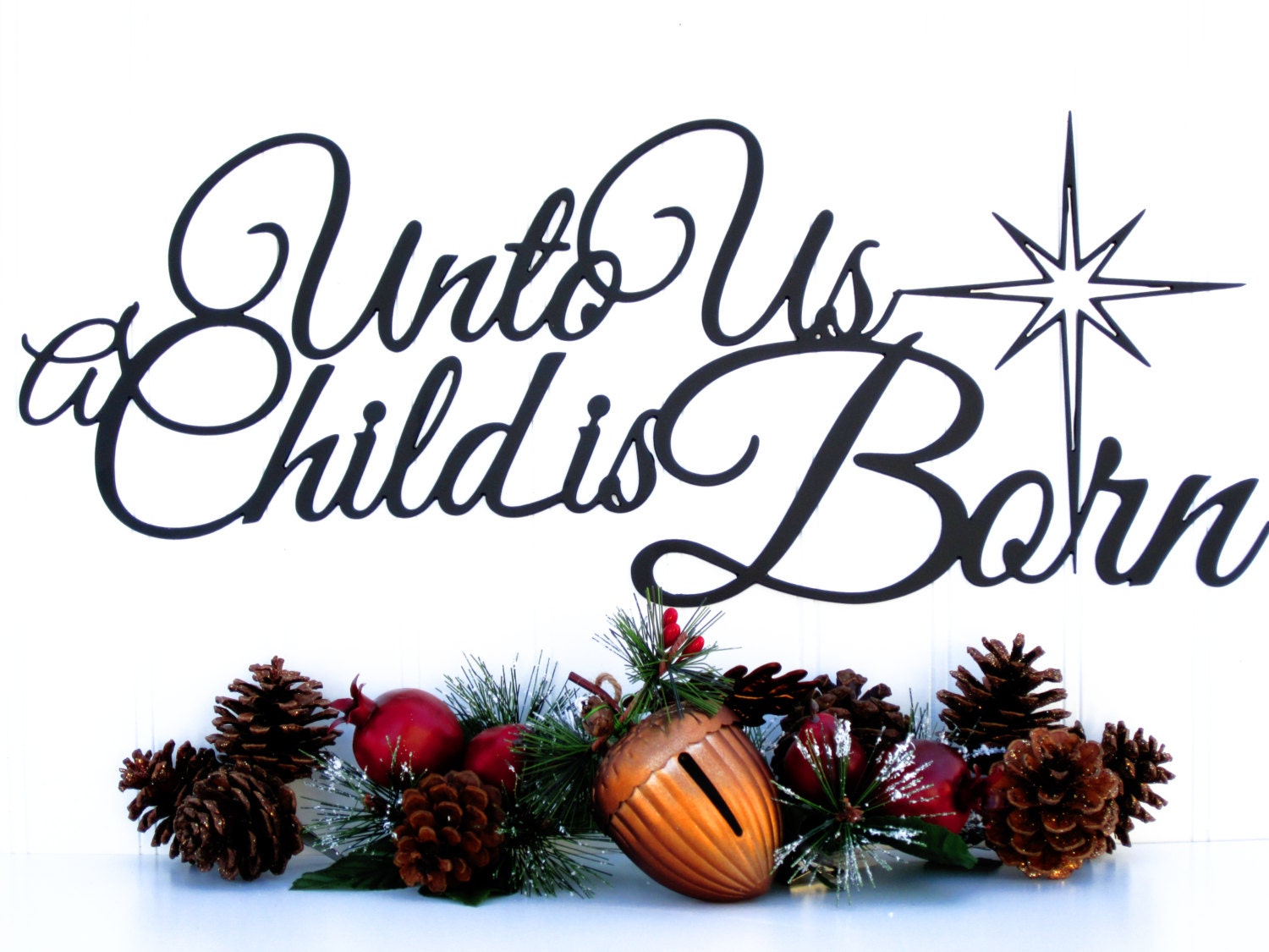 Unto Us A Child Is Born Christmas Metal Sign Black 19.5x8