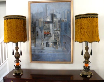 Pair of EF & EF Gaudy Metal Table Lamps with Original Shag Velour Shades