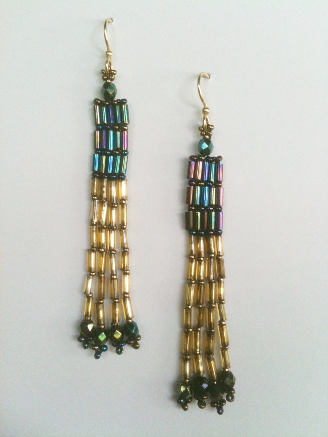 Earrings Seed Bead Woven Rainbow Blue Bugle Beads with
