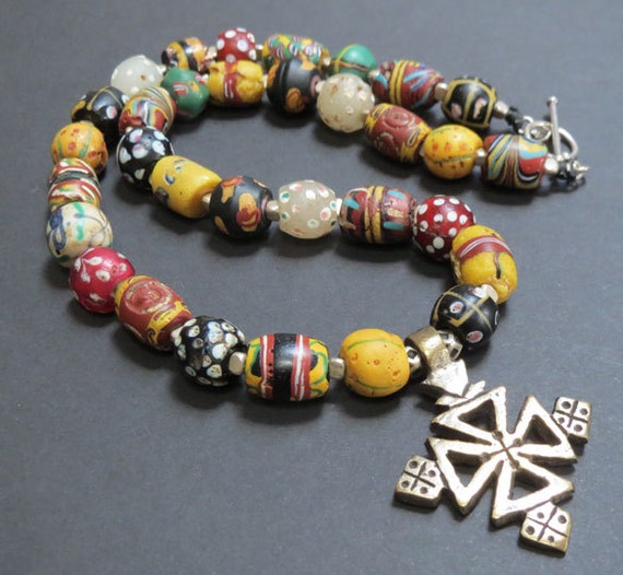 Items similar to Antique African Trade Beads Necklace Tuareg Silver ...