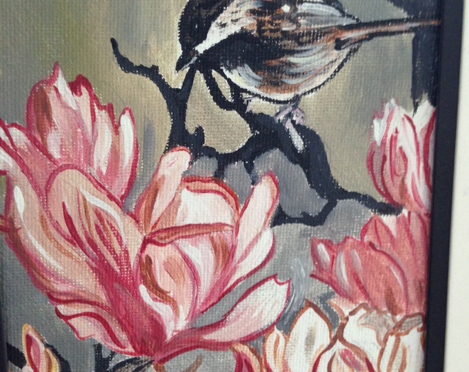 Chickadee on Magnolia Blossom - 5 x 7 acrylic painting displayed in 9 x 12 wood frame