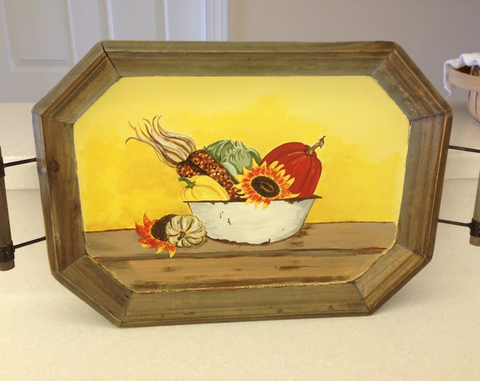 Wood Tray with Metal and Wood Handles - Bowl of Indian Corn, Pumpkin, lettuce, gourds and sunflowers