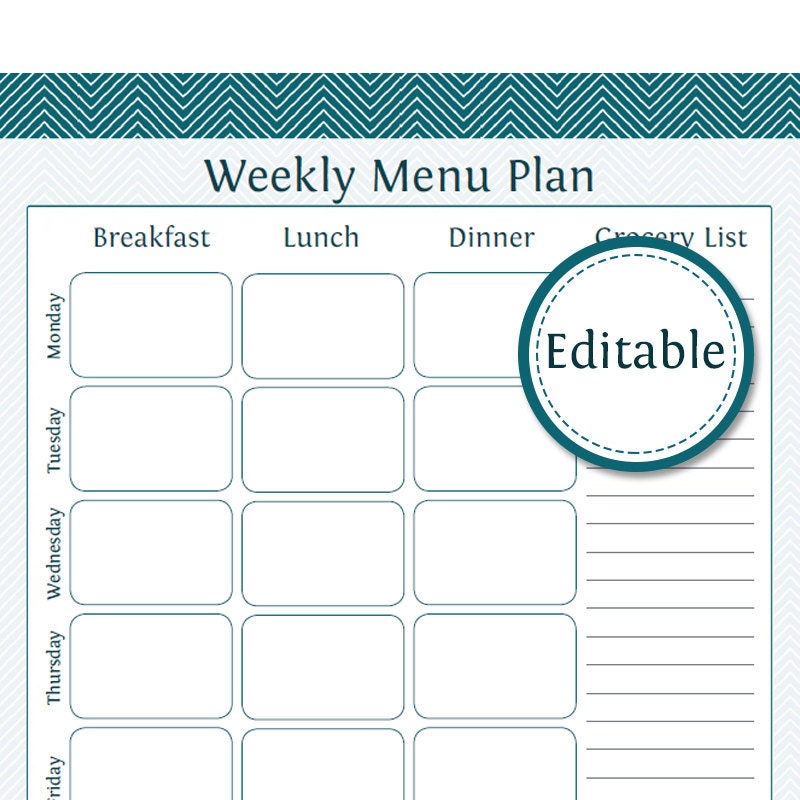 Weekly Menu Planner with Grocery List Fillable Printable