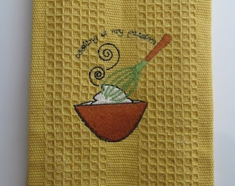 Cotton Waffle Weave Kitchen Towel..Embroidered..Cooking is my Passion..Gift
