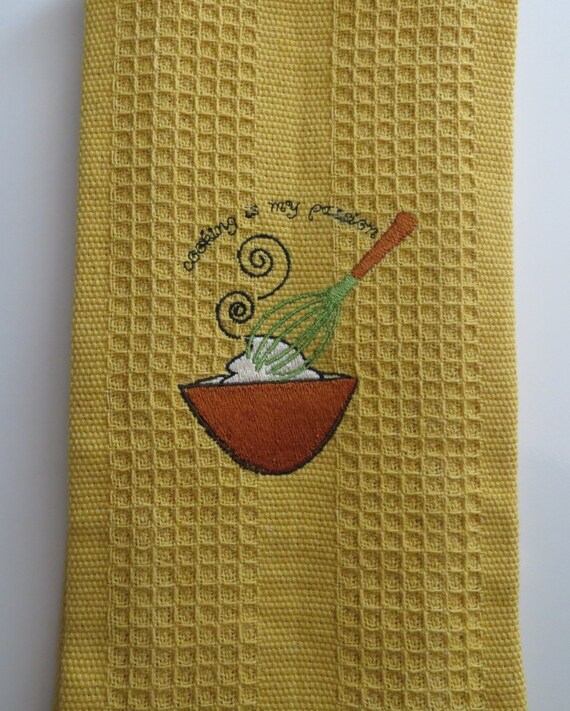 Cotton Waffle Weave Kitchen Towel..Embroidered..Cooking is my