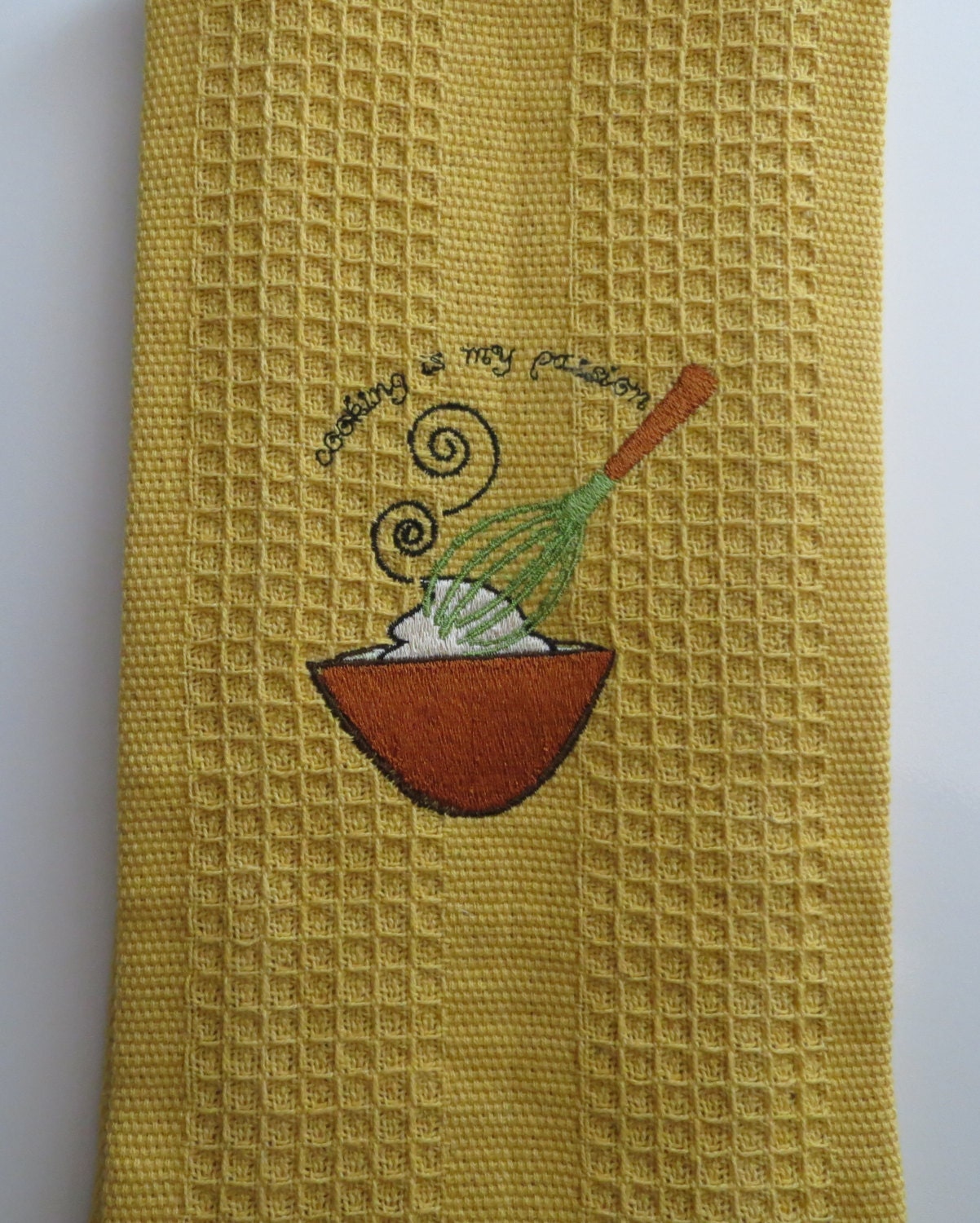 Cotton Waffle Weave Kitchen Towel..Embroidered..Cooking is my