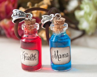 Health Mana, Videogame Potion Necklaces, Mana Necklace, Health Necklace, warcraft, LARP necklace, world, Bottle necklace, league legends