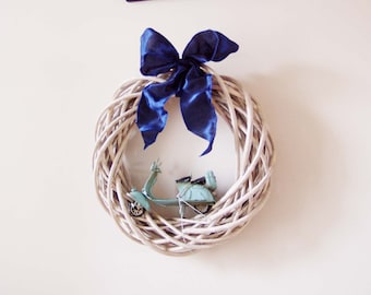 Vespa scooter wreath, wicker wreath in pale grey with collectible, Vespa scooter miniature and royal blue fabric bow, rustic decor wreath